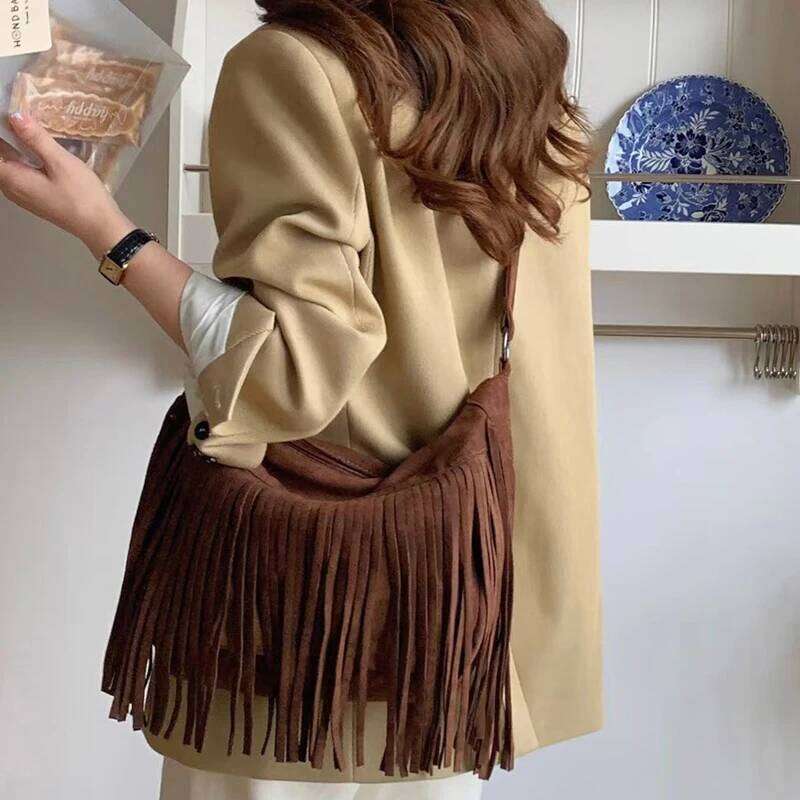 Women's Bags Designer Bohemian Hobos Bags For Women Designer Handbags Purse 2023 New In Faux Suede Vintage Tassel Decoration Shoulder Messenger