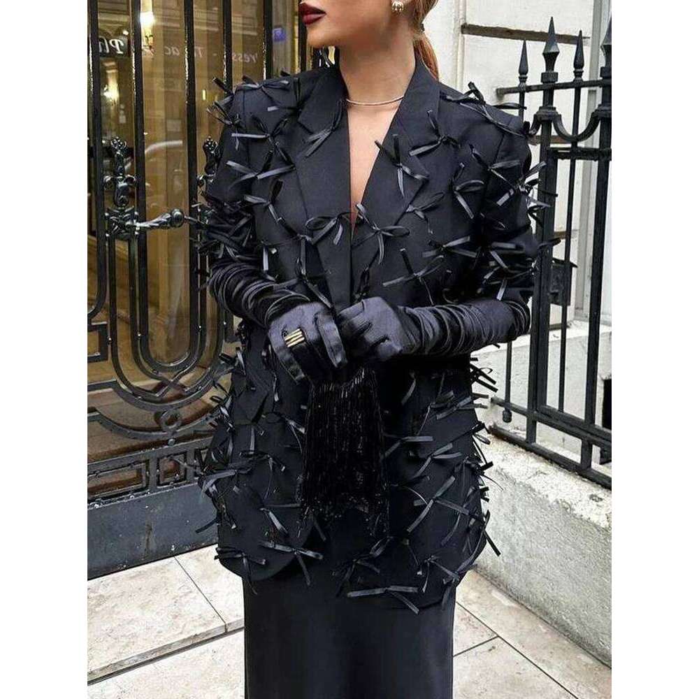 TWOTWINSTYLE Solid Elegant Patchwork Bowknot Blazer For Women Notched Collar Long Sleeve Spliced Button Loose Blazers Female New