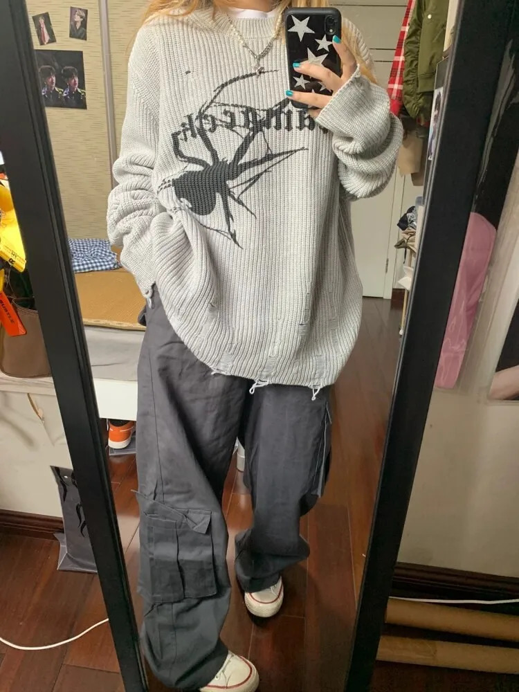 Milang girl Spider Print Harajuku Sweater Women Gothic Vintage Ripped Grunge Jumper Streetwear Korean Oversize Hiphop Pullover 250614