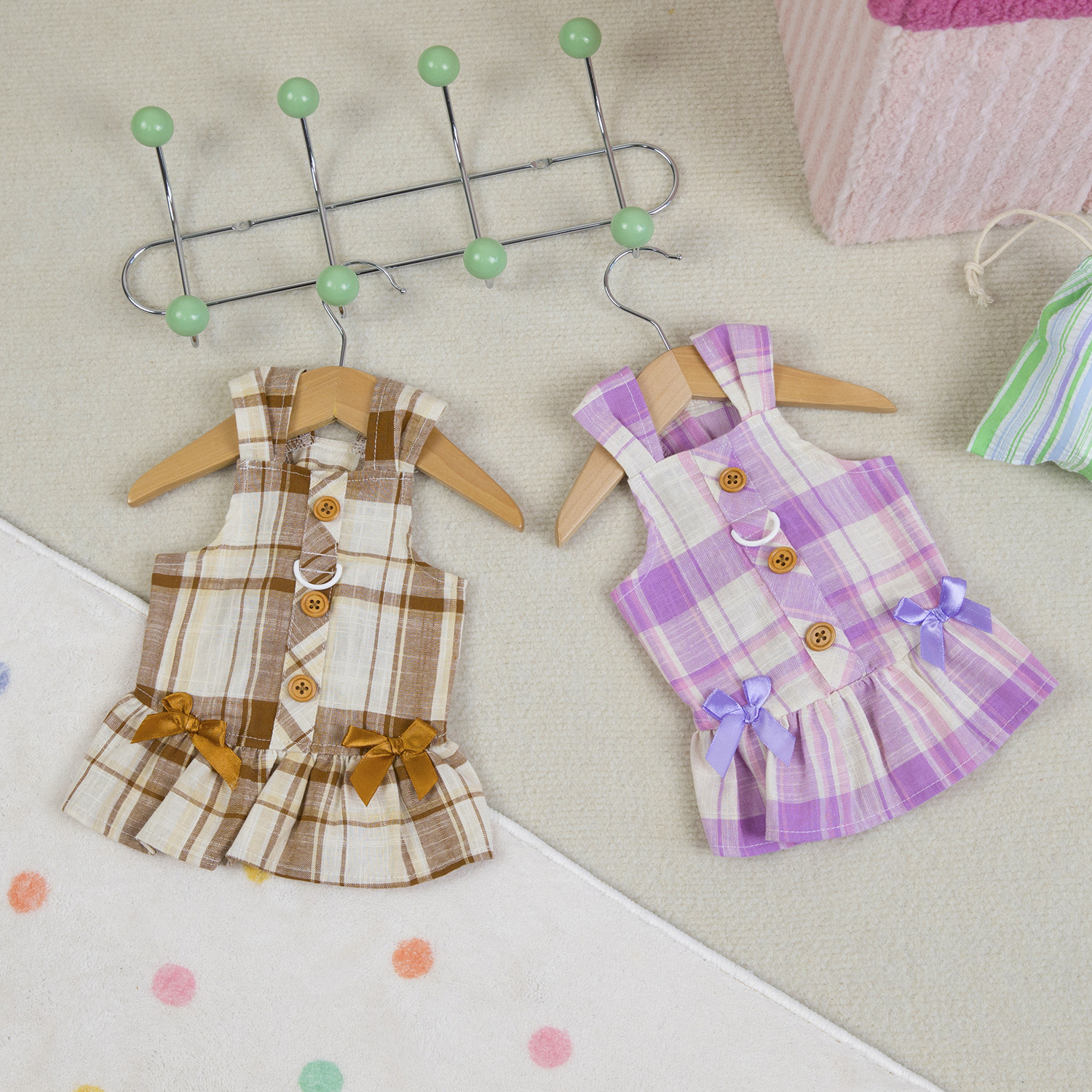 Dog Harness Dress with Leash D-ring, Sweet Cute Dog Dresses Puppy Checkered Clothes Polyester Breathable Summer Pet Doggy Outfits Princess Skirt M D94