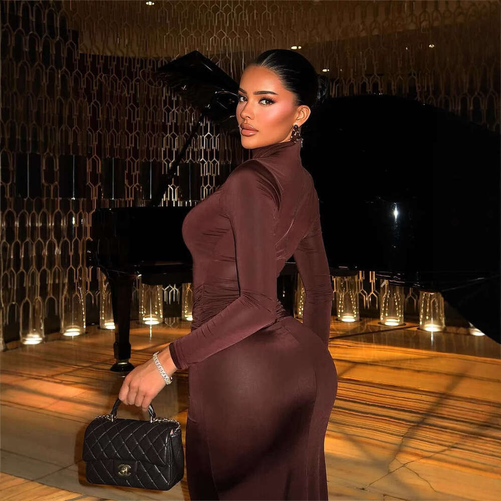 New Fashionable Elegant Metal Design Solid Color Slim Fit Sexy Bodycon Long Dress For Women B5