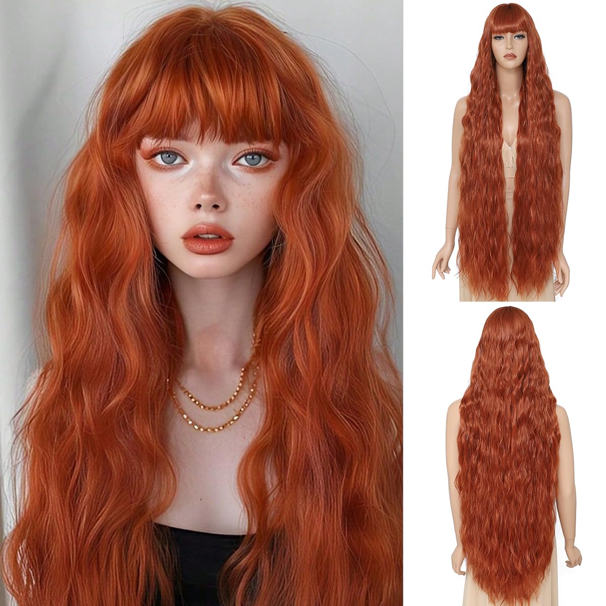40 inch women's long wavy wig with bangs faux hair texture, natural appearance synthetic heat-resistant hair Bohemian wig for daily parties and H