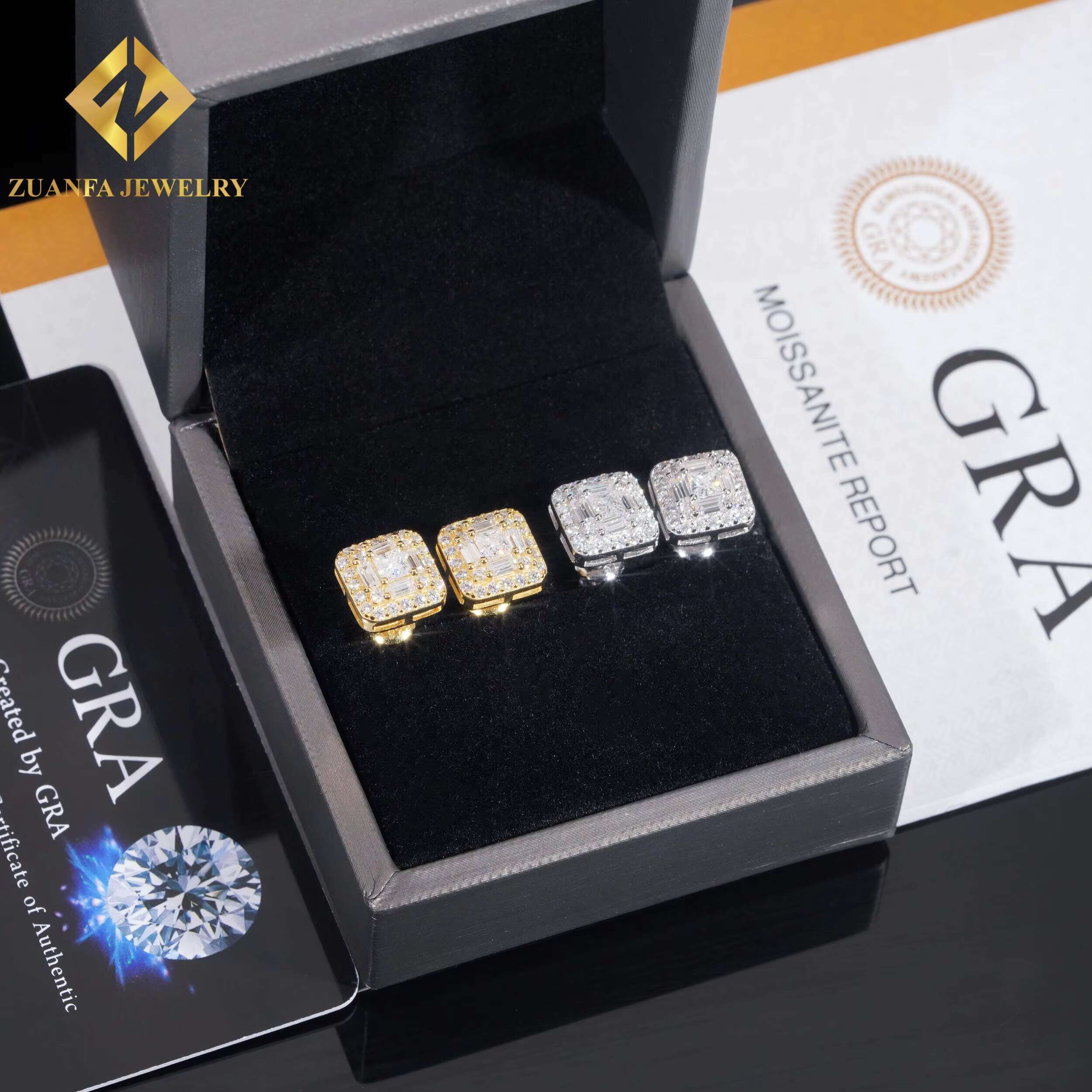 Ready Stock Baguette Cut VVS Moissanite 925 Sterling Silver 9.8mm Hip Hop Earring Jewelry Unisex