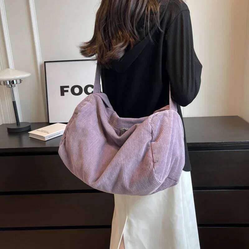 Corduroy Fabric Big Capacity Bostom Handbag Vintage Y2k Emo Ita Chic Winter Textile School Laptop Soft Slouchy Side Shoulder Bag