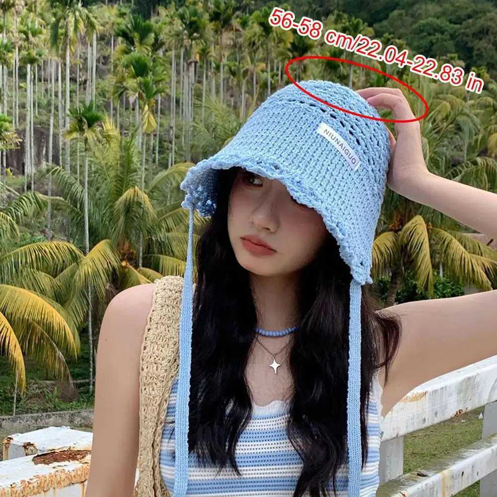 Korean Style Womens Fisherman Bucket Hat Breathable Lace-Up Sun Hat with Wide Brim Lightweight Knitted Summer Beach Hat M250616