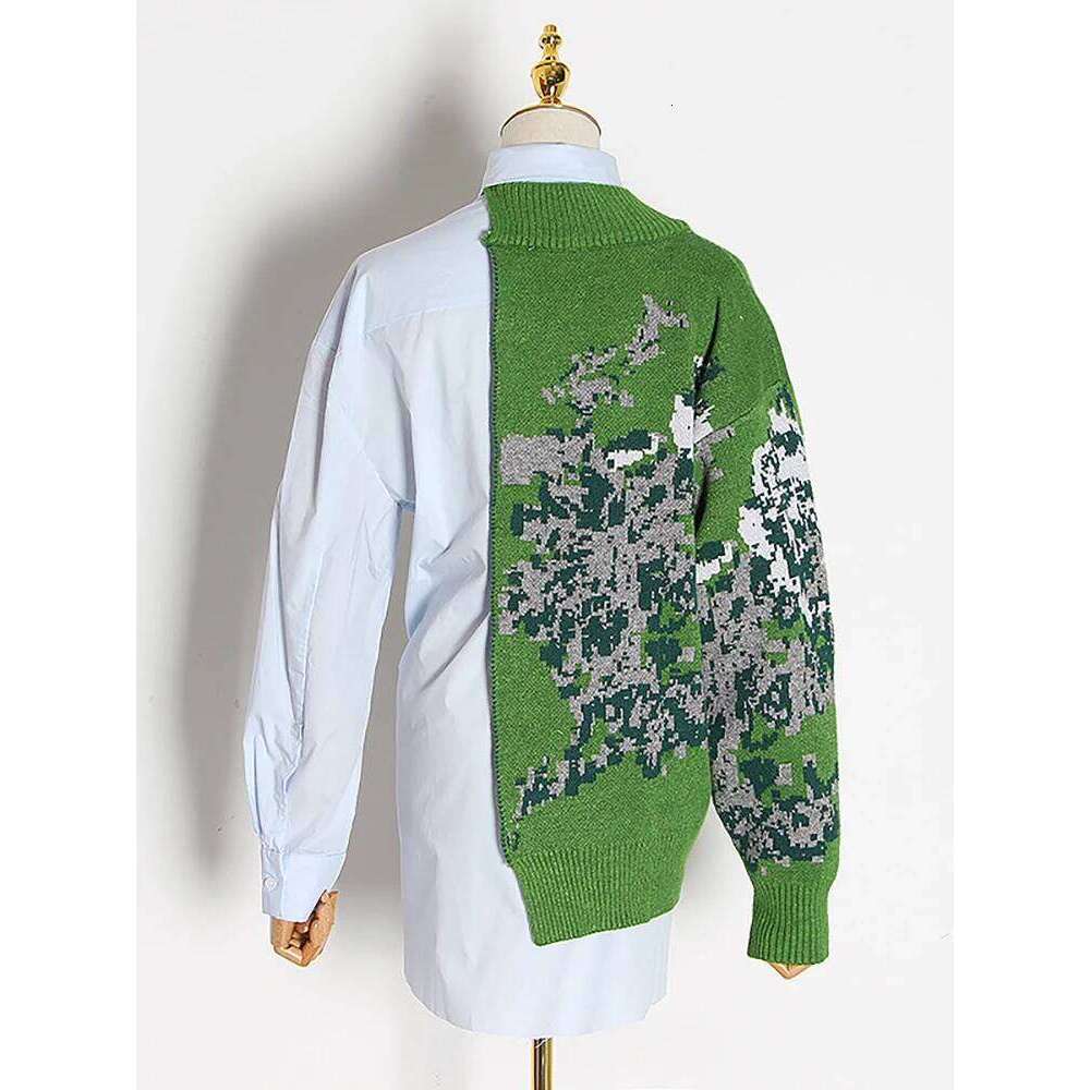 VGH Hit Color Spliced Metal Casual Shirts For Women Lapel Long Sleeve Patchwork Knitting Minimalist Tunic Blouses Female Style