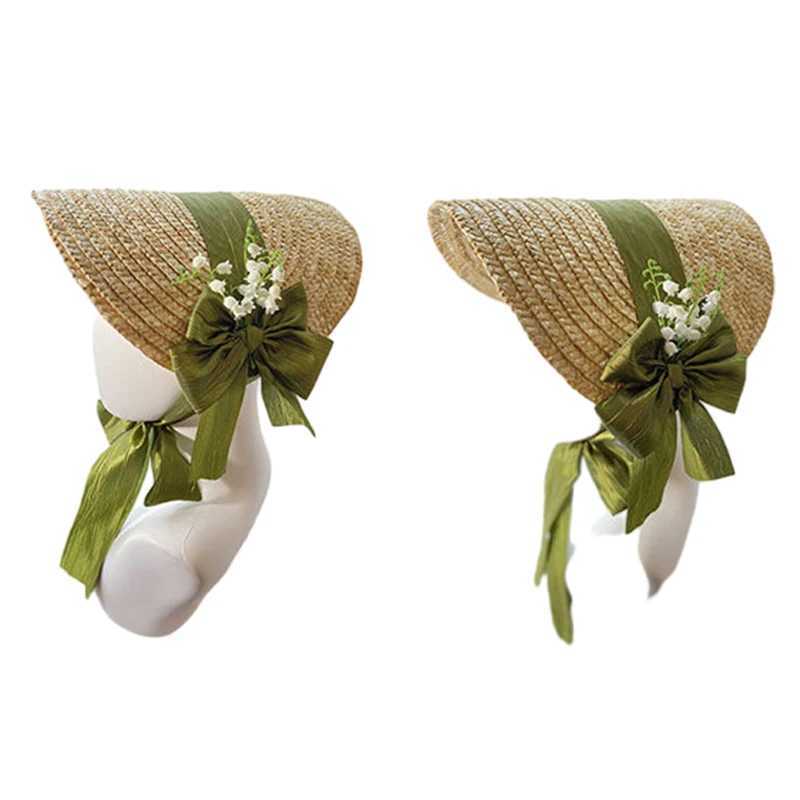 New Arrival Women Victorian Wedding Tea Party Bonnet Handmade Lolita Retro Green Flower Bow Beach Sun Straw Weaving Hat French Pastoral Cap U250616