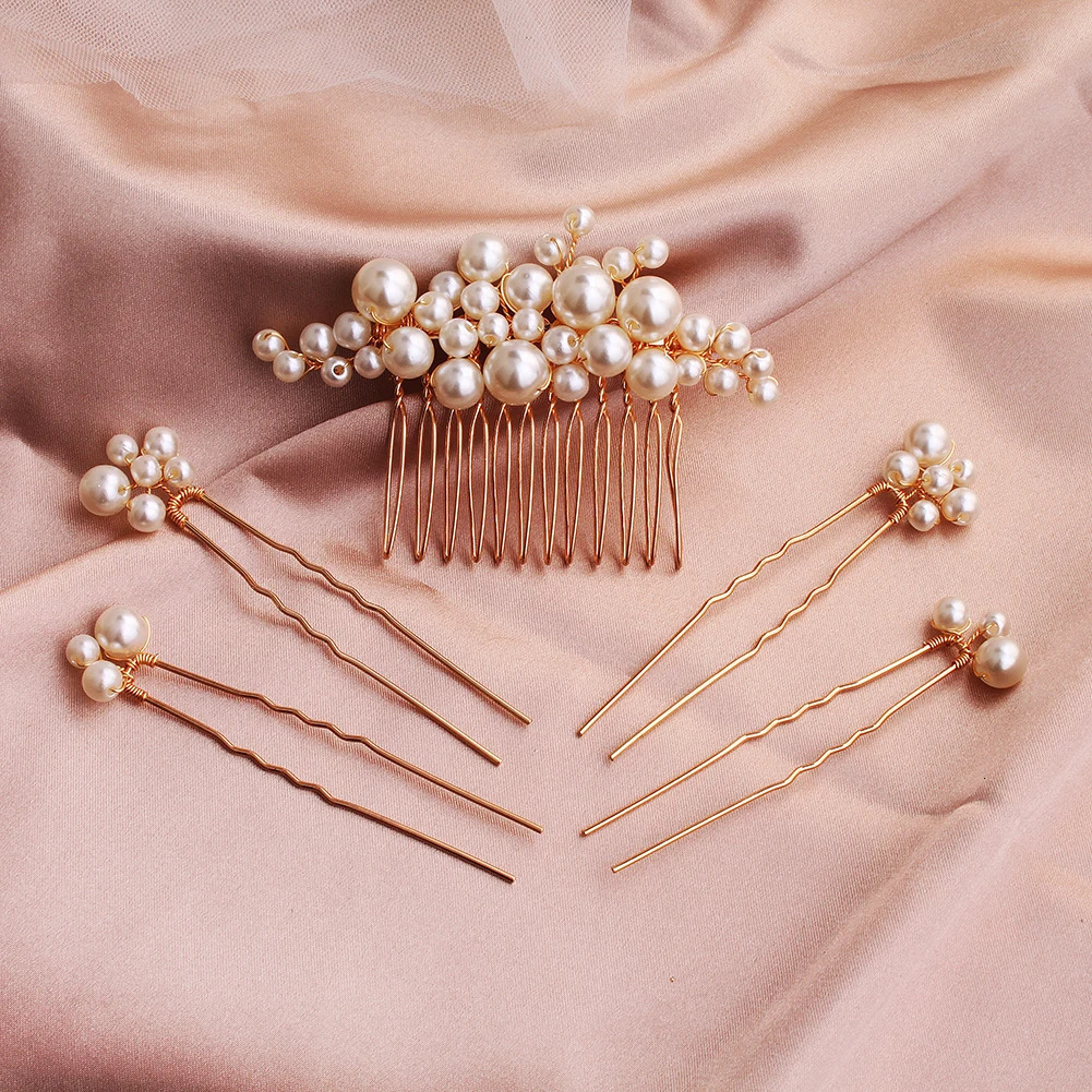 5PK Fashion Pearl Hair Comb and Hair Pin Set Bridal Wedding Headpieces Ladies Updo Jewellery Hair Accessories 250610