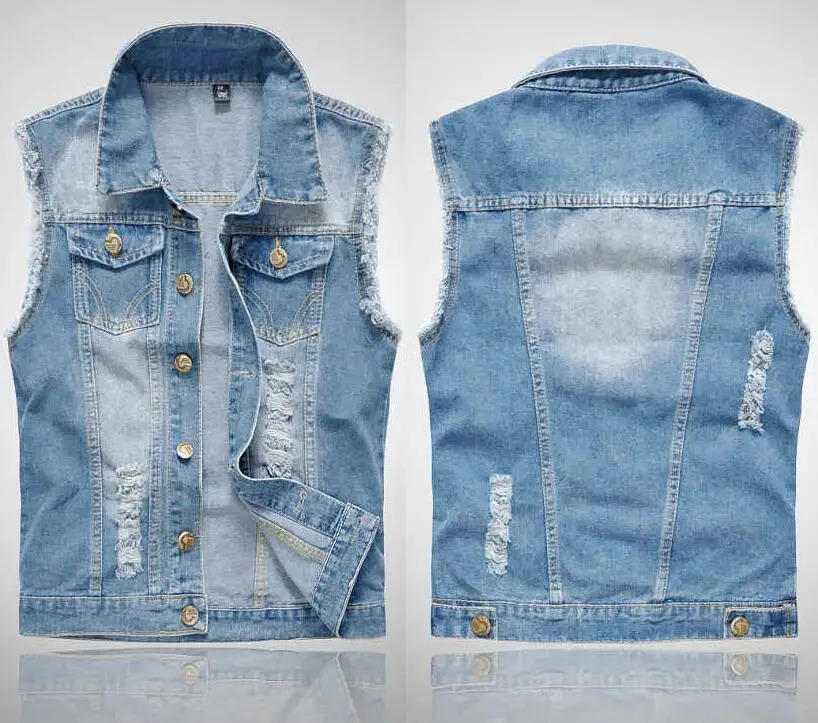 Men Sleeveless Ripped Jean Jackets Denim Vests Cowboy Waistcoat Multiple Colors Slim Type Waistcoat 250614