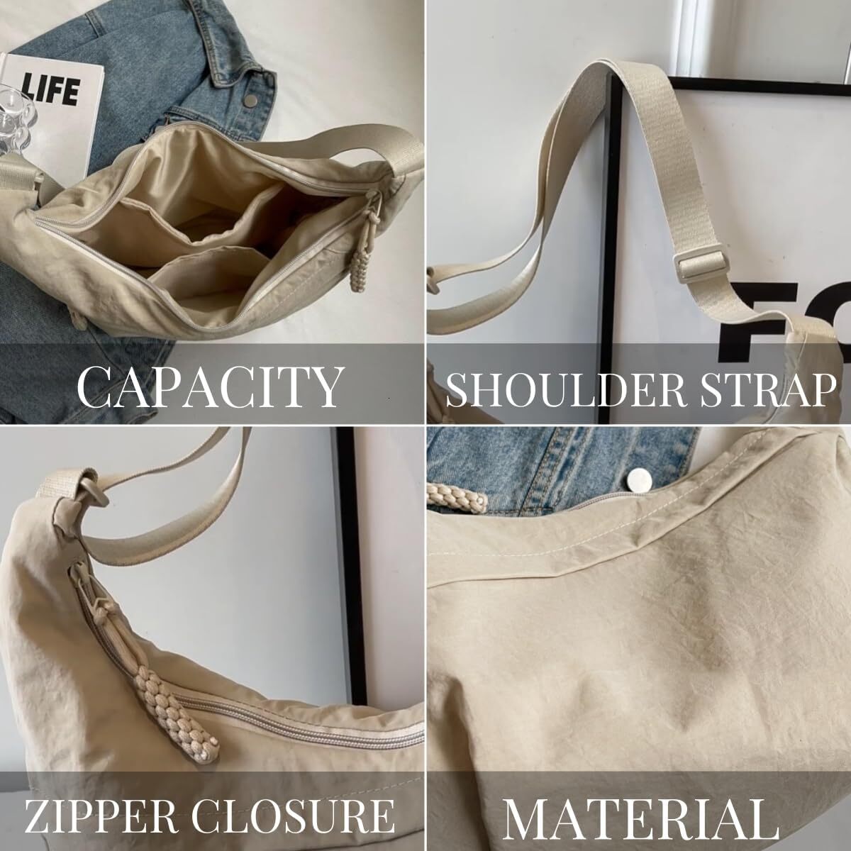 Nylon Crossbody Bags for Women, Trendy Medium Crescent Bag, Lightweight Woman Over Shoulder Purse with Zipper