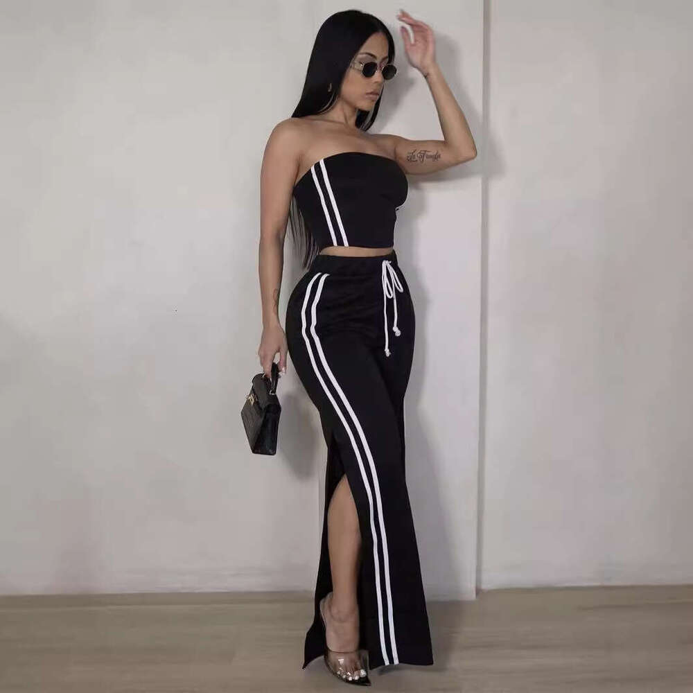 Summer New Solid Color Striped Short Slim Sexy Tube Top Tie Wide Leg Pants Set B5