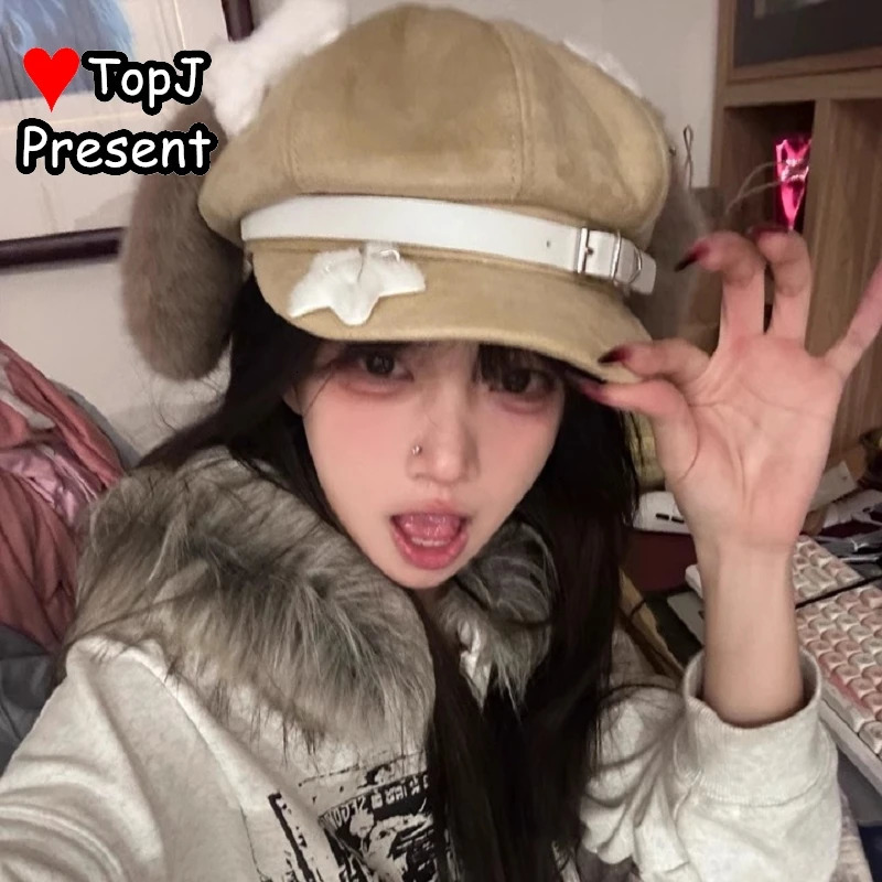 Womens Lolita fluffy Gothic Harajuku Spicy Girl star Versatile Retro Miss Style Spring puppy ears octagonal cap spaper hat 250604