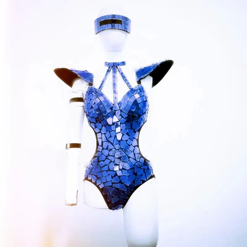 Mirror Bodysuit Women Dance Costume Gold Silver Sequins Fly Shoulder Hollow Out Rave Outfit Stage Performance Clothes Gogo Show
