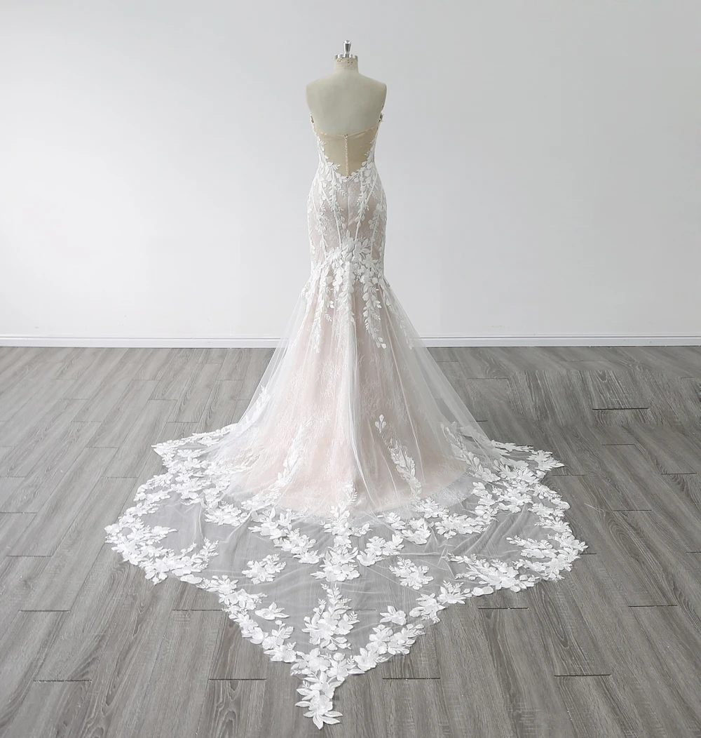 Exquisite Sweetheart Neck Long Chapel Train Lace Bride Dress Mermaid Sheath Wedding Dresses Zipper Back Sleeveless Custom Made Color/Size