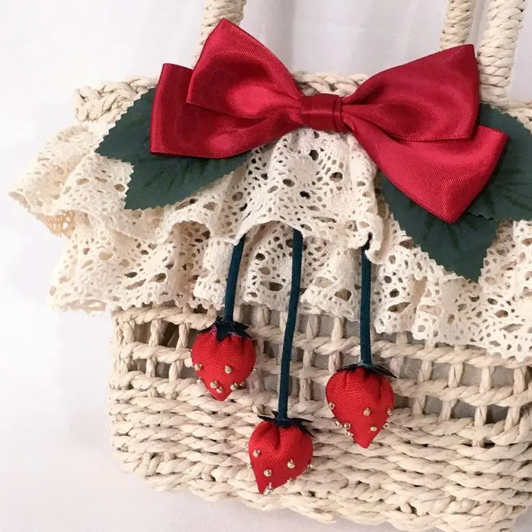INS Style Children Girls Handbags Summer Beach Bag With Cute Strawberry Bowknot Handmade Woven Bags Kids Small Basket 250615