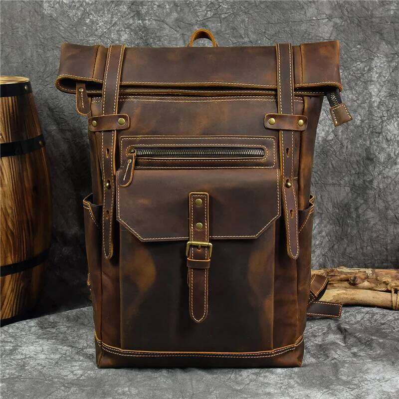 Vintage Men's Backpack Large Capacity 16" Laptop Bag For Students Travel Trendy Retro Design Durable Genuine Leather