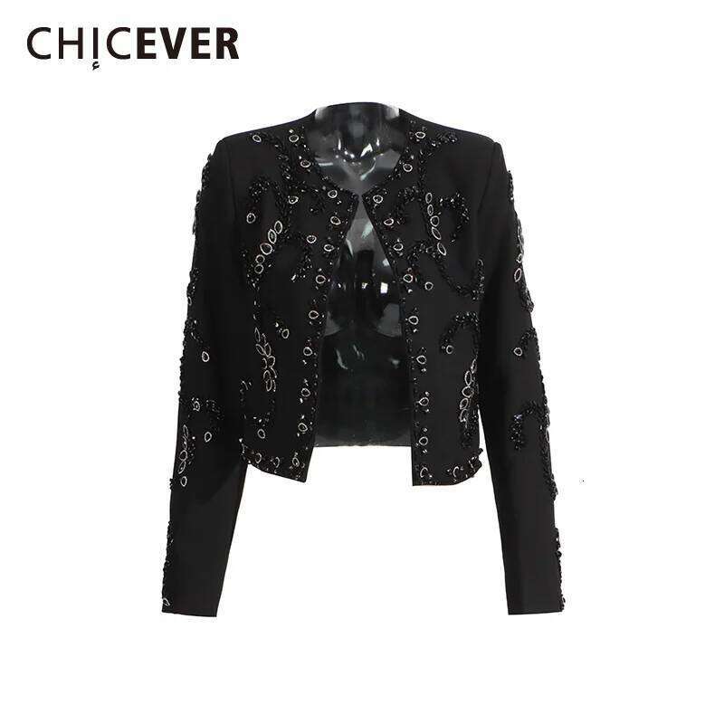 CHICEVER Runway Style Spliced Dias Jackets for Women O Neck Long Sleeve Temperament Slimming Cardiagan Coat Female Fashion