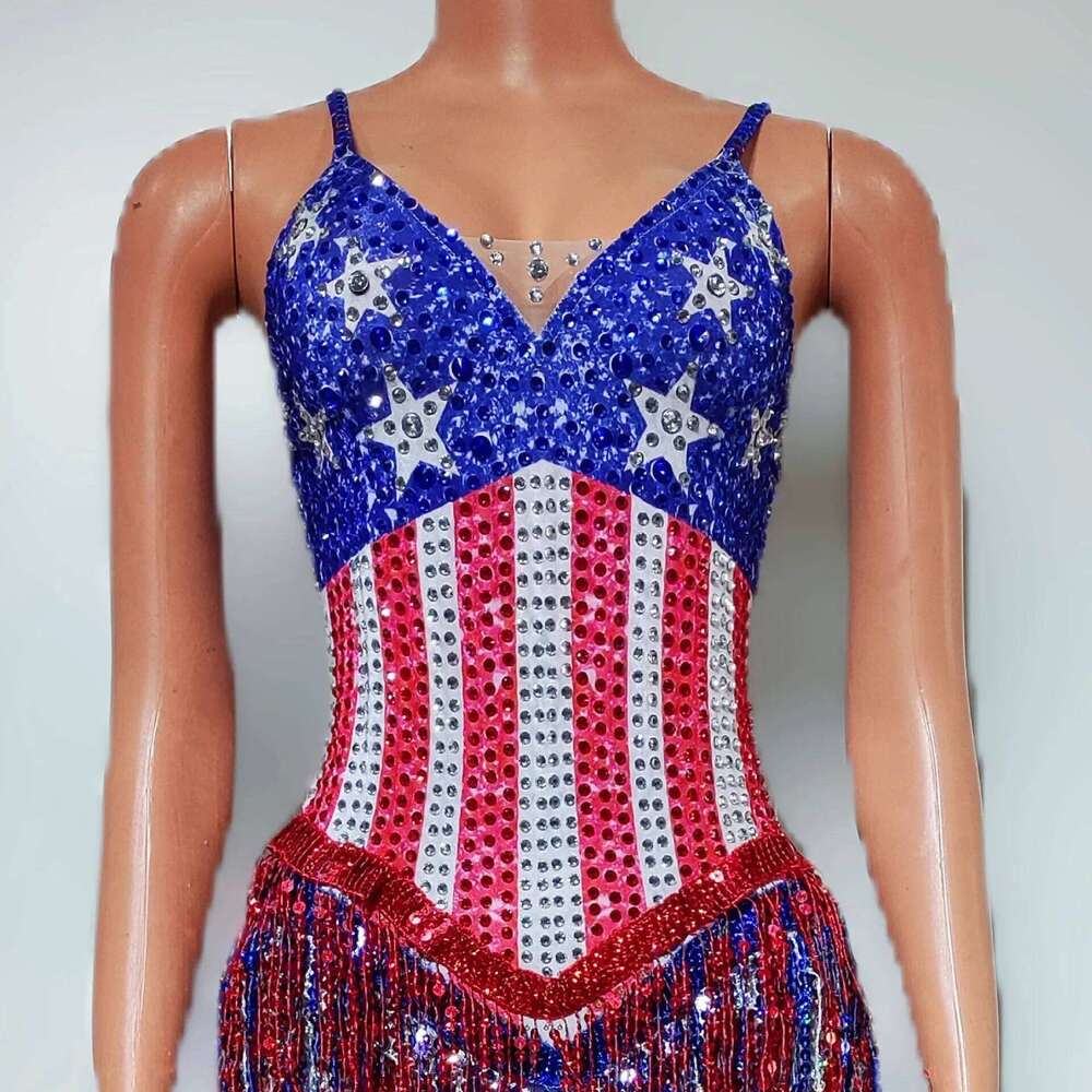 Women Beading Tassel Bodysuits Spaghetti V Neck Special Occassion Topic Evening Party Nightclub Stage Costumes