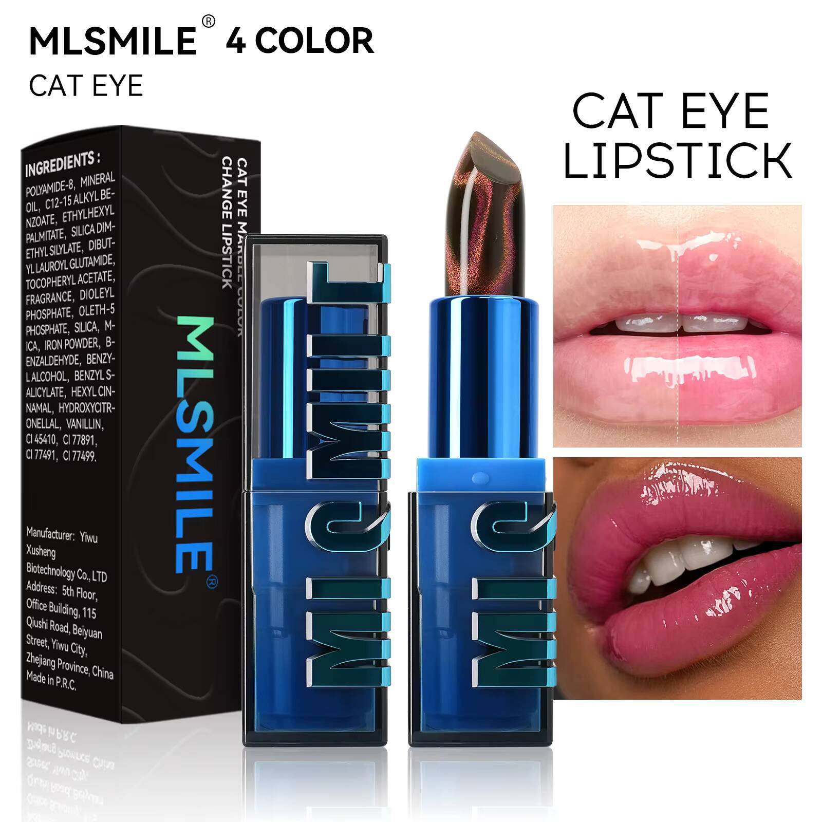 MLSMILE 4 Cat Eye Warm Moisturizing People Thousand Colors Fine Glitter Non-stick Cup Lipstick happy