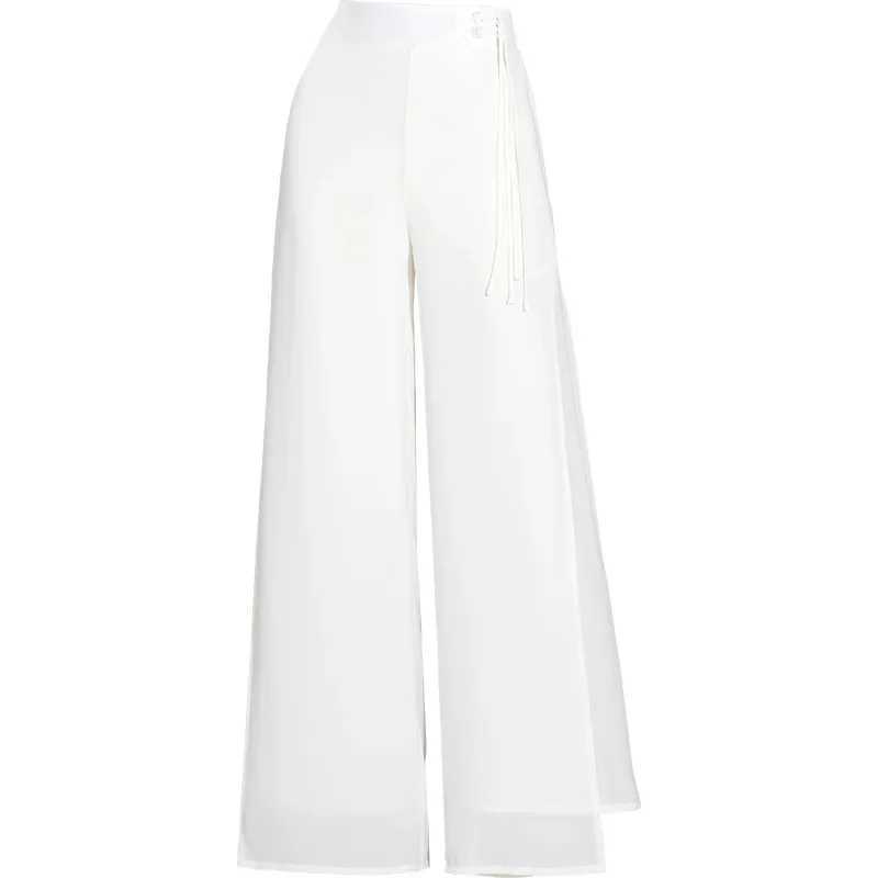 High Waist Wide Leg Straight Cut Summer New Thin Chiffon Split Casual Pants for Women Comfortable Loose Fit TrousersXJ250616