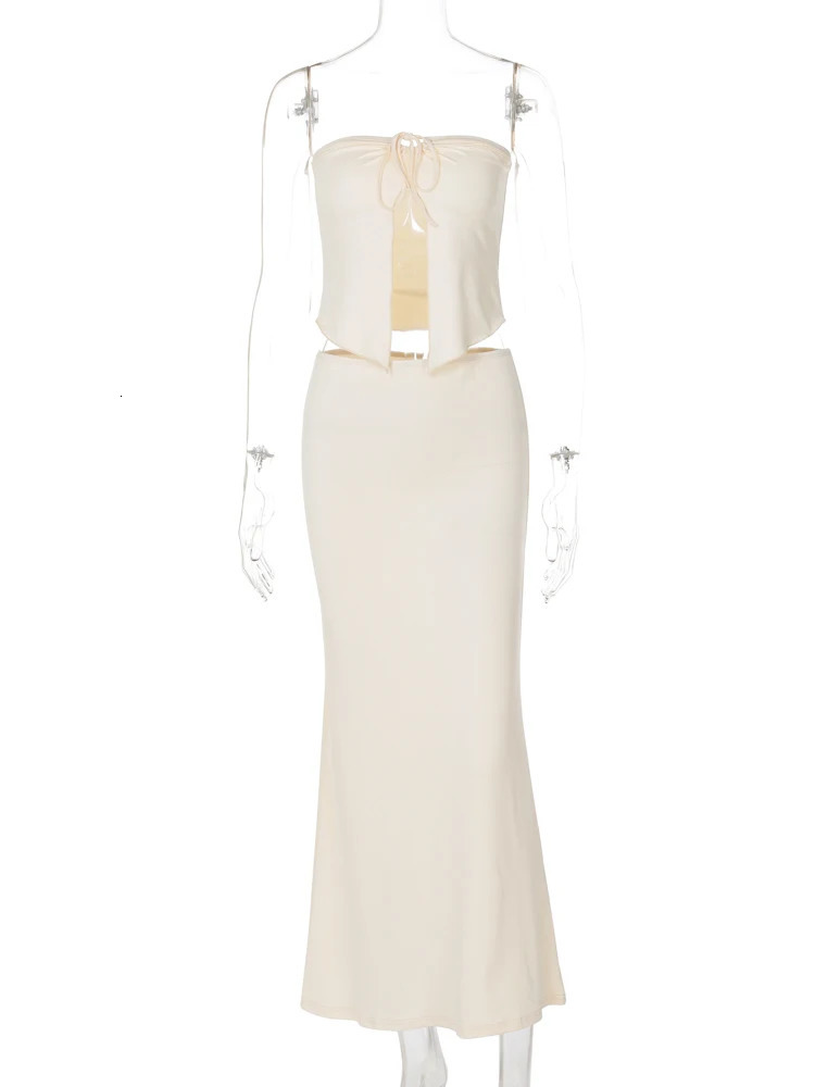 Hugcitar Summer Elegant 2 Pcs Sets Strapless Solid Lace Up Cardigan Sexy Top Maxi Skirt Women Outfits Festival Beach Party Y2K 250609