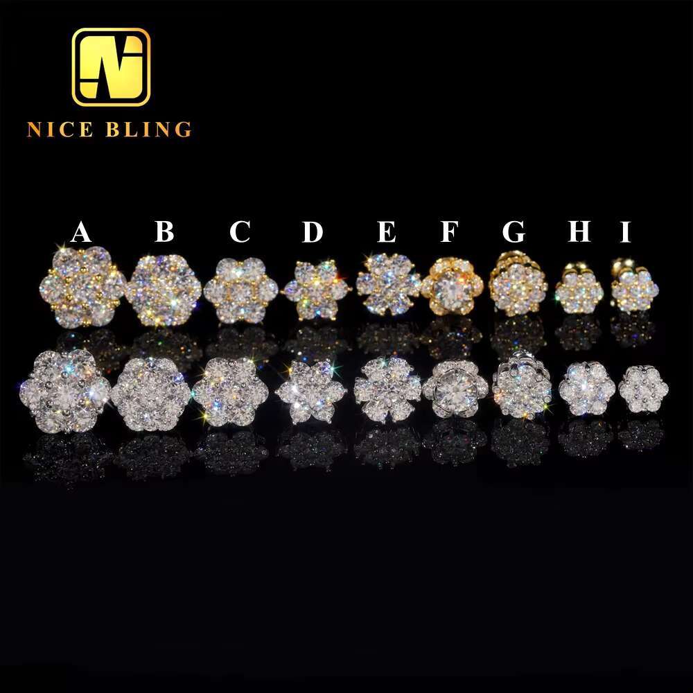 Ready to Ship FULL SIZES Moissanite Flower Stud Earrings Cluster Ear Studs Pass Diamond Tester Hip Hop 925 Silver Gold Plated