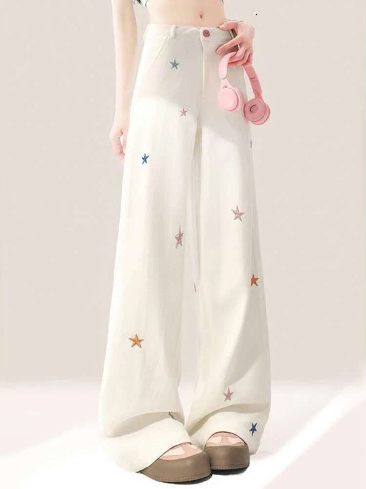 Trousers High Waist Loose Star Womens Jeans with Holes Straight Leg Torn White Pants for Women Japanese Y2k Stretched 2025 New