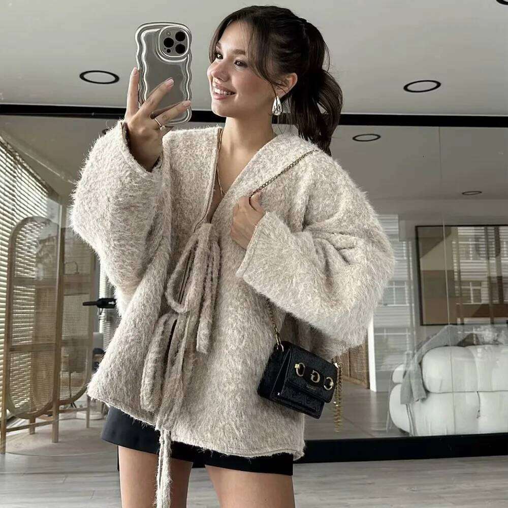 Grey Beige Khaki Deep Blue Four Color V Neck Long Sleeves Bow Lace Up Design Women Loose Solid Open Coat ZATAF 2024 New
