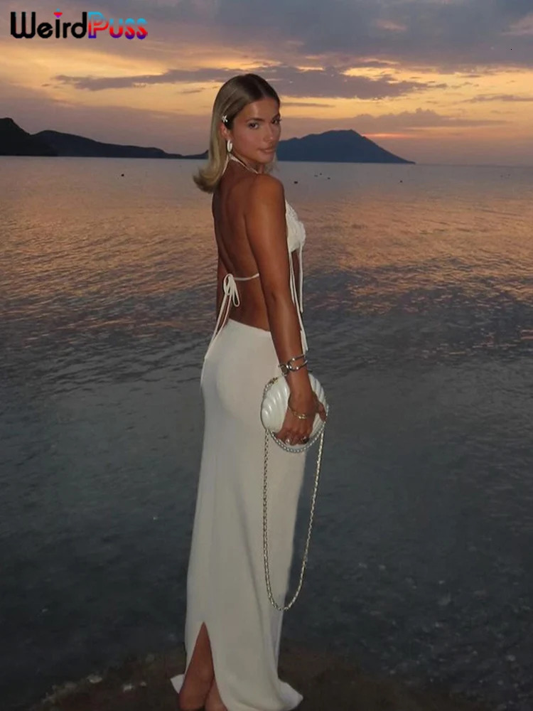 Weird Puss Knit Women 2 Piece Set Elegant Flowers Tassel Halter CamisoleLong Skirts Matching Skinny Stretch Vacation Outfits 250614