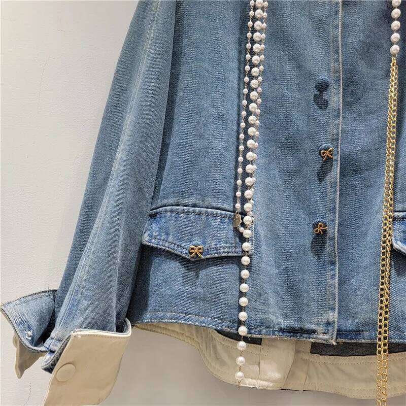WTHT New Trendy Women's Pearl Chian Design Denim Jacket 2025 Spring Fashion Turn-down Collar Long Sleeves Coat Female 1LS1085