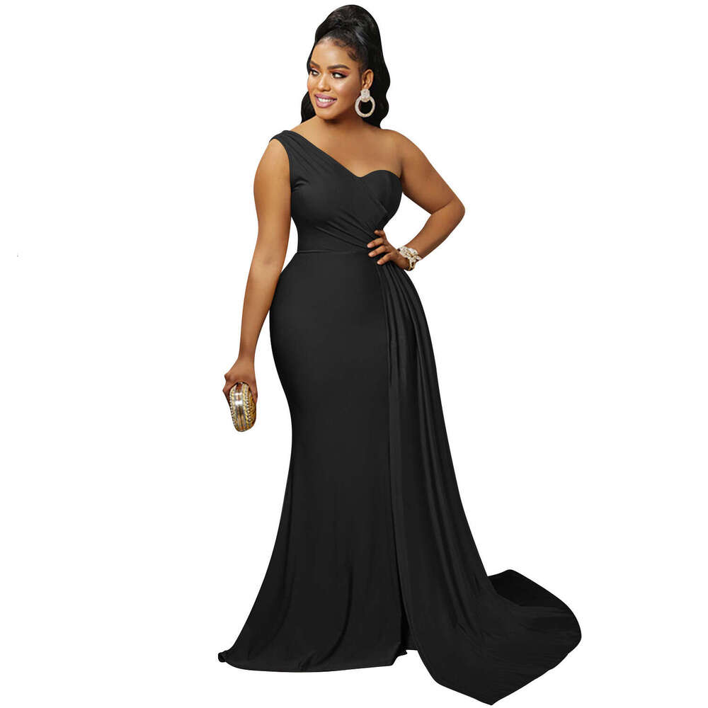 European and American Fashion Solid Color Party Bodycon One-Shoulder Sleeve Long Dress for Women 2025 New Elegant Unique Clothing