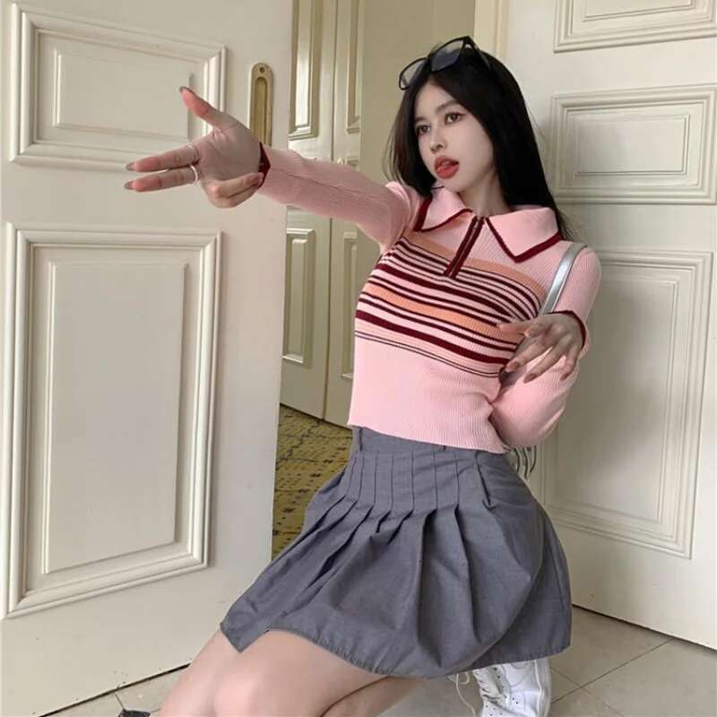 Clothing Long Sleeve Striped T-shirt Woman Knit Luxury Sale Aesthetic V Summer 2025 Tops New Cute Polo Neck Shirts for Women Hot