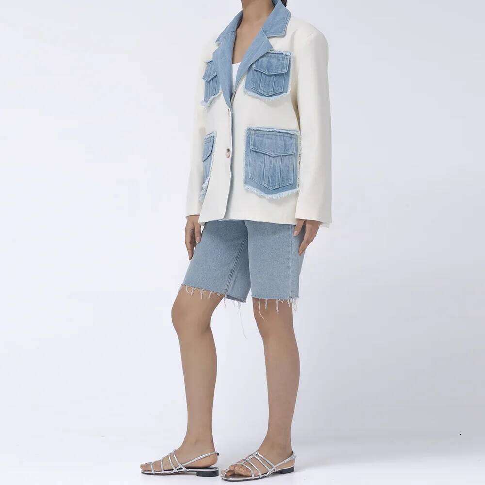 TWOTWINSTYLE Colorblock Patchwork Denim Jacket For Women Notched Collar Long Sleeve Spliced Pocket Casual Blazer Female Style
