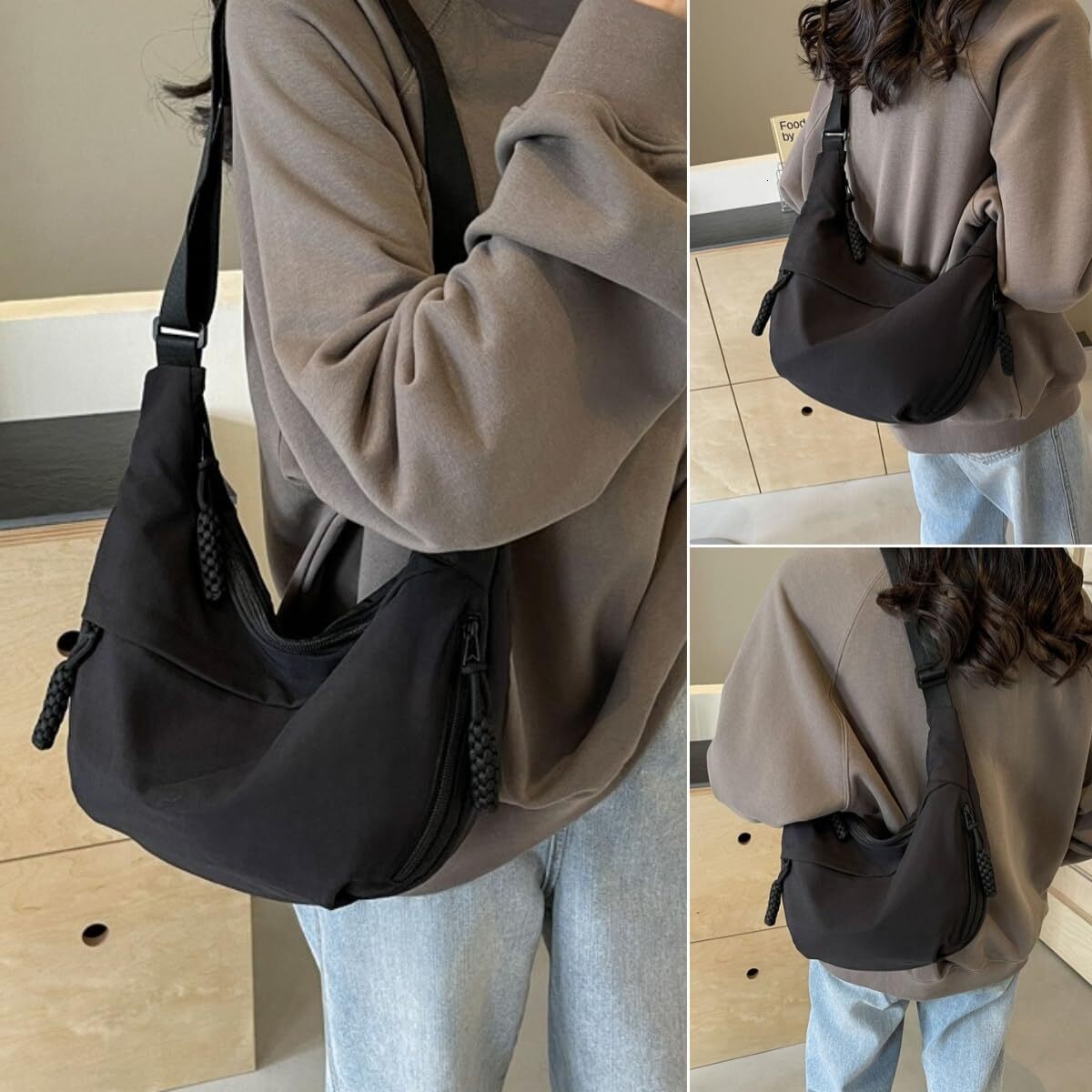 Nylon Crossbody Bags for Women, Trendy Medium Crescent Bag, Lightweight Woman Over Shoulder Purse with Zipper