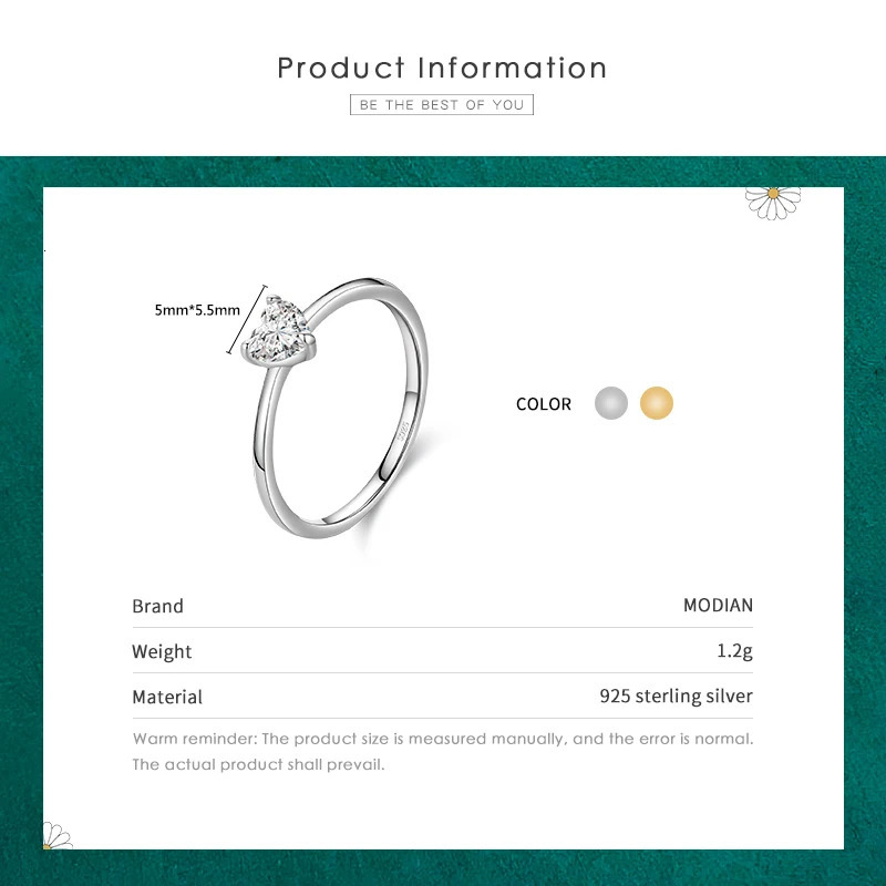 Modian 925 Sterling Silver Simple Love Heart AA Zirconia Sparkling Finger Ring For Women Female Wedding Jewelry 250610