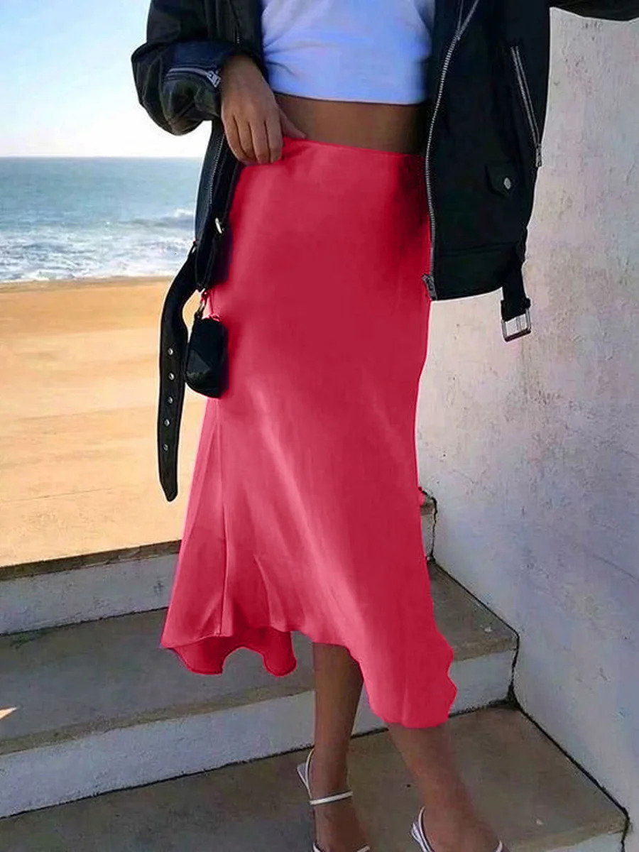 Womens Summer High Waist Skirt Solid Color Long Satin Skirt for Travel Beach Shopping 250614