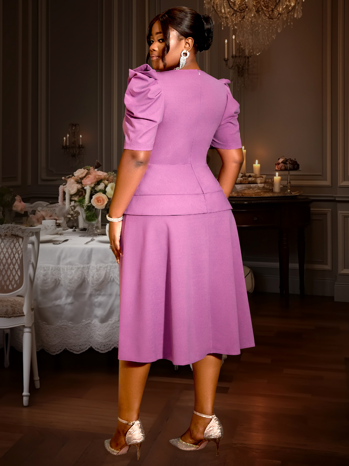 MID Purple Plus Size Dress For Woman A-line Elegant Short Sleeve Peplum Festival Party Church