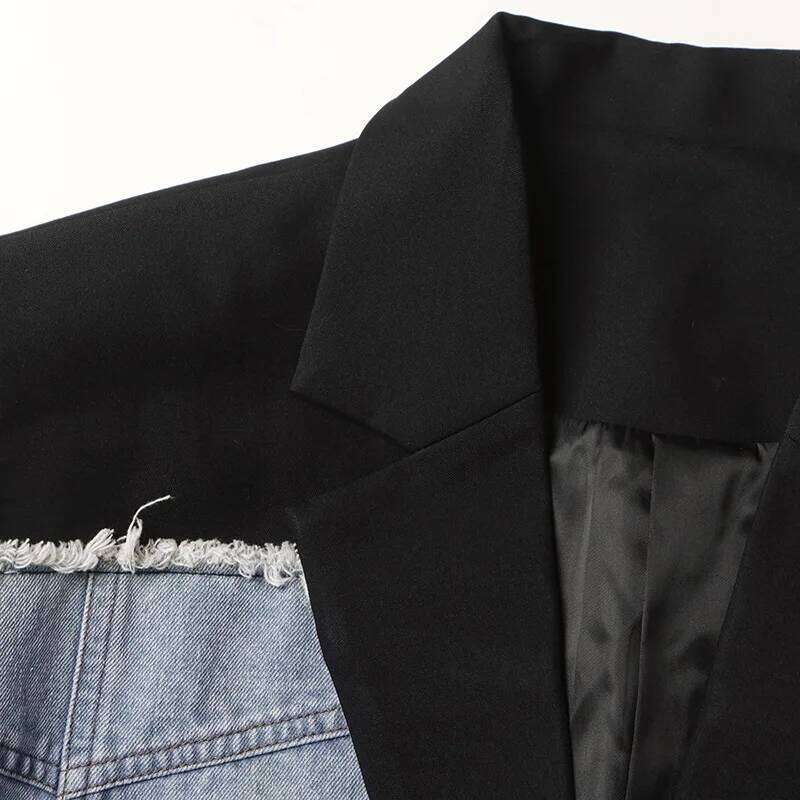 Vintage Style Denim Patchwork Design Sense Women Suit Jackets Y2K High Street Turn-down Collar Ripped Long Sleeve Casual Tops