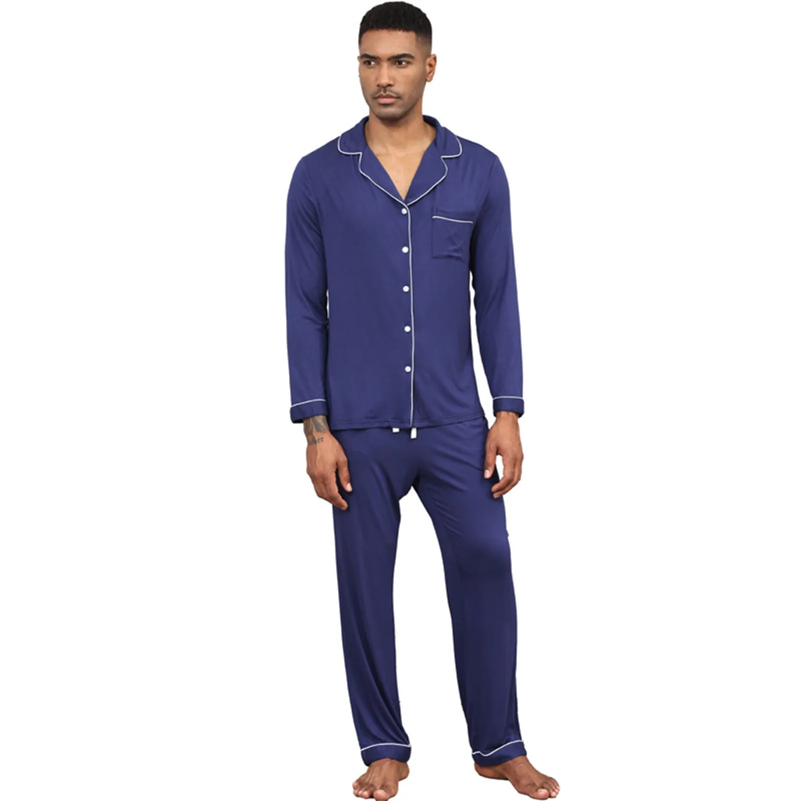 LongSleeved Pijama Two Piece Sleepwear Men Plus Size Loungewear Satin Home Clothes Spring Summer Solid Pajamas Sets 250614