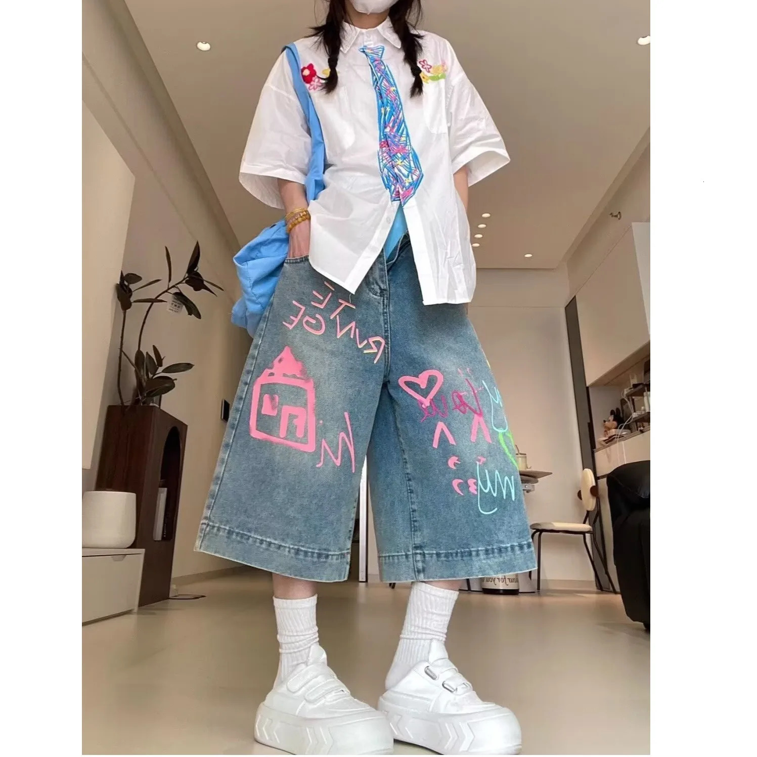 Summer Girls Shorts For Teen Girls Casual Knee-Length Jeans with Colorful Drawing Fashion Shorts Pants Age 250609