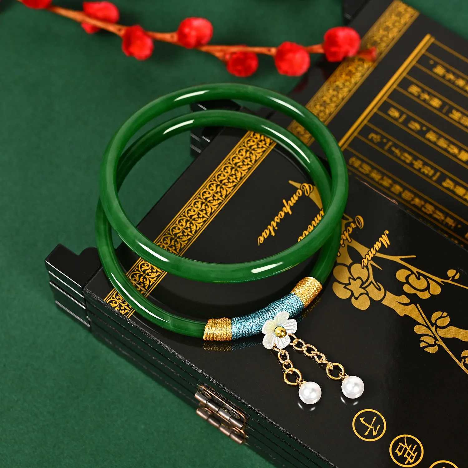 2Pcs/Set Natural Jade Jingle Bangles Retro Simple Fairy Flower Glass Femme Fashion Womens Casual China Jewelry Gifts Z250616
