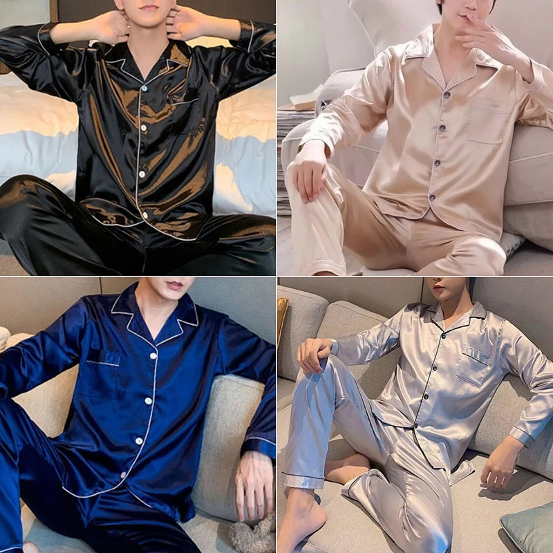 Summer Lapel LongSleeved Cardigan Pajamas Men Korean Version of the Solid Colour Light Mature Youth Casual Mens Silk Home Clot 250614