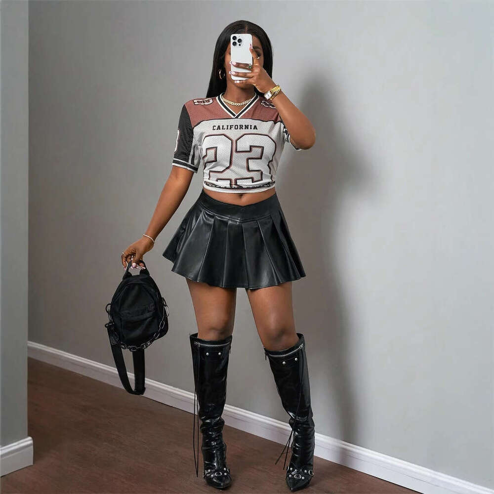 American Street Style Color Block Number Print Sheer Loose Short Sleeve Top For Women B5