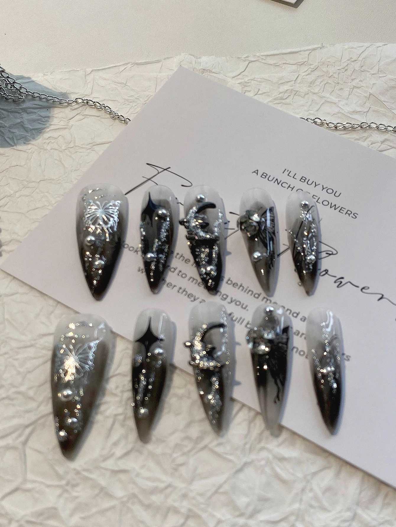 10-piece pressing long nails four-season manicure fake nails dark gothic manicure art DIY black pattern design black heart di R250616