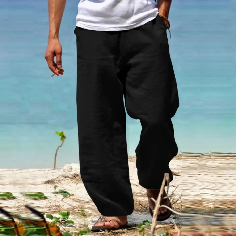 Mens Beach Pants Breathable Loose Straight Trousers Male Summer Casual Solid Color Japanese Streetwear 250614