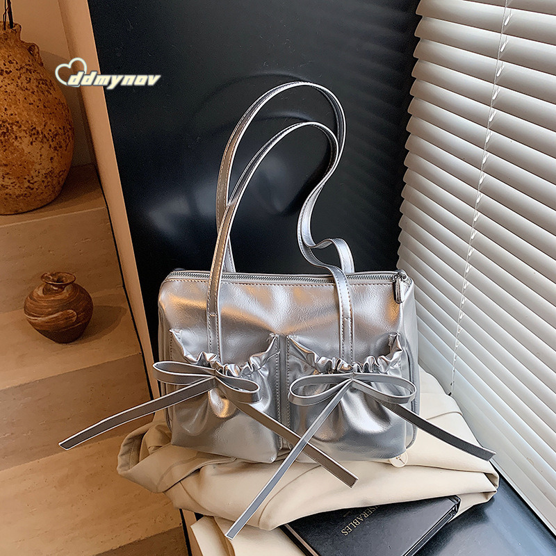 Korean Style Ballet Bowknot Tote for Women 2025 Summer Large Capacity Pleated Commuter Shoulder Underarm Bag Trendy ddmynov