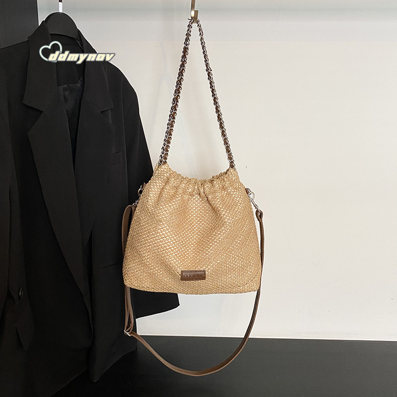 Summer Niche Lazy Style Straw Tote for Women 2025 Simple Casual Woven Chain Shoulder Crossbody Bag Trend ddmynov