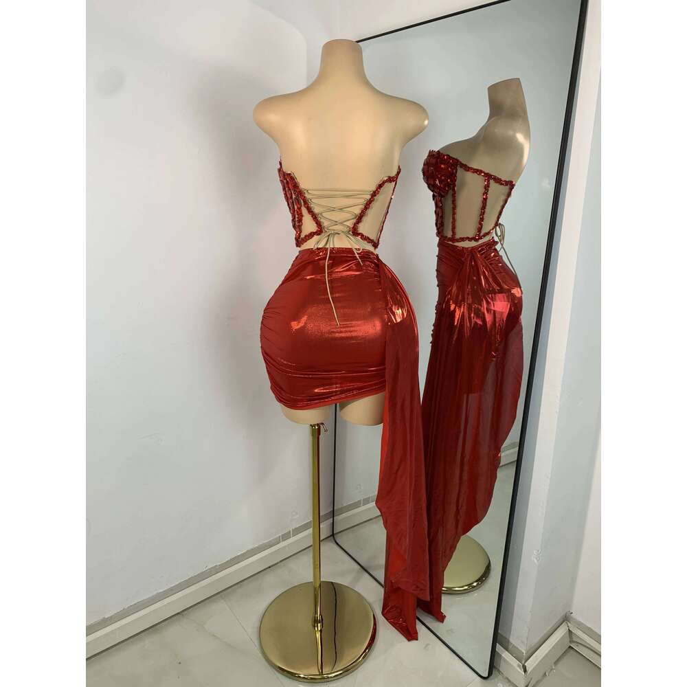 Sparkly Red Dias Asymmetrical Two Pieces Dress Design 2025 Women Sexy Strapless Top Skirt Suits Dance Performance Outfit