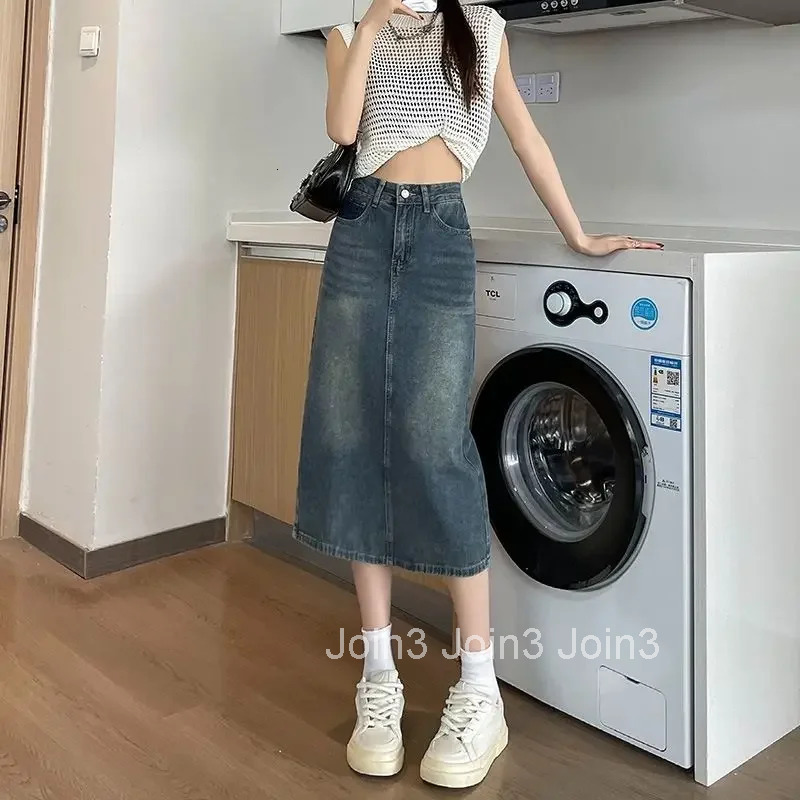 Female Jeans Skirts With Slit Midi Stylish Luxury Elegant Harajuku Casual Summer 2025 Korean Style Aesthetic Womens Denim Skirt