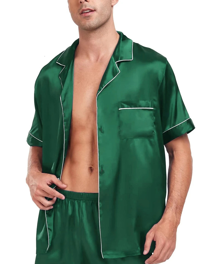 Mens Satin Pajama Set Short Sleeve Lapel Front Buttons Top And Elastic Shorts Comfortable Fit Loungewear Sleepwear Pjs 250614
